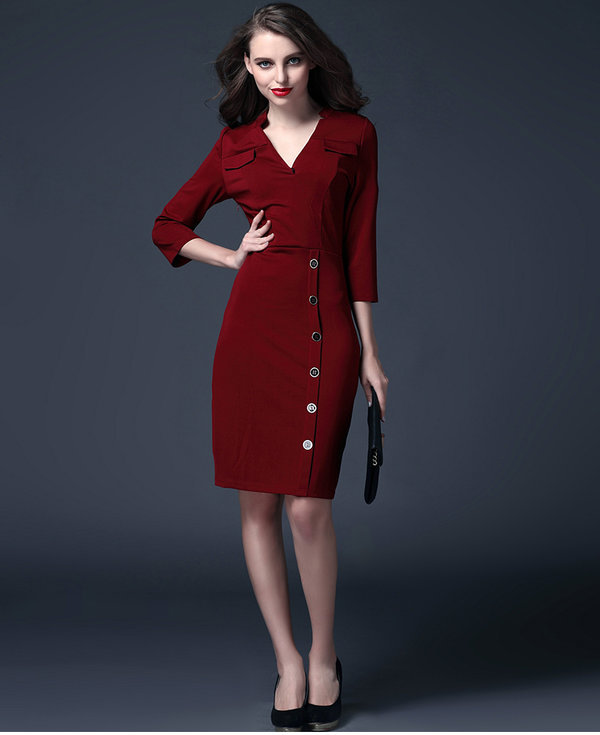 Wholesale Korean Fashion Women V Neck Buttons Wrap Work Dresses