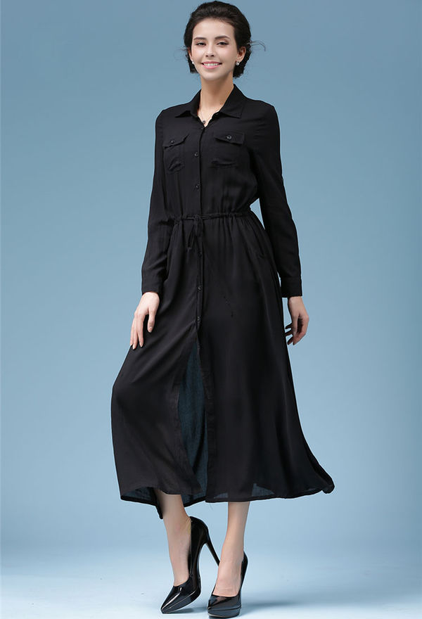 Elegant Long Sleeve Lady Women Black Lapel Korean Style Maxi Dress