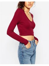 Cheap Women Cropped Top Long Sleeve V Neck Fitted Casual T-Shirt