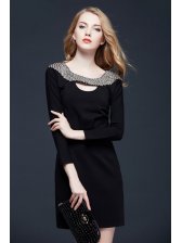 Hot Selling Korean Women Long Sleeve Hollow Out Beading Black Cocktail ...