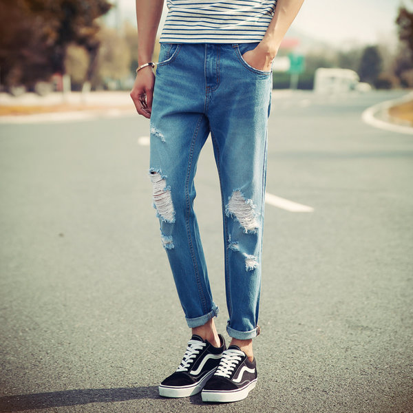 Unique Hot Men Jeans Zipper Up Straight Slim Fitness Hole Fall Ninth Pants