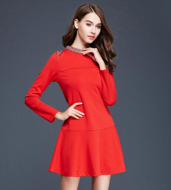 Elegant Fashion Korean Women Long Sleeve Solid Color Beading A-Line Dresses