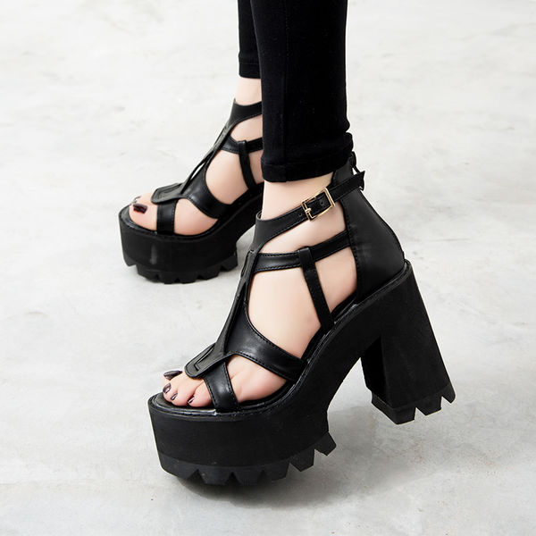 Wholesale Women Punk Style Black Hollow Out Zip Platform Sandal ...