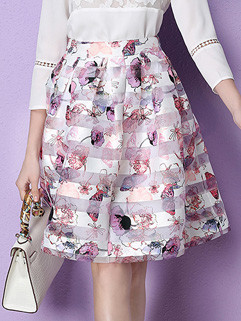 Korean Women Knee-length Floral Pattern Organza Skirt LMK022025