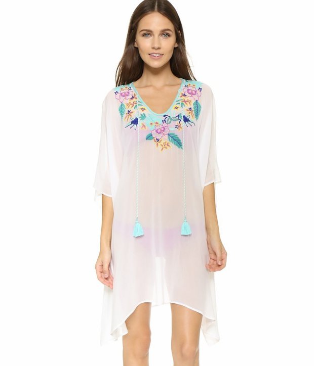 Outlet Cheap Embroidery Chiffon Tassel Half Sleeve Beach Cover Up MK041805