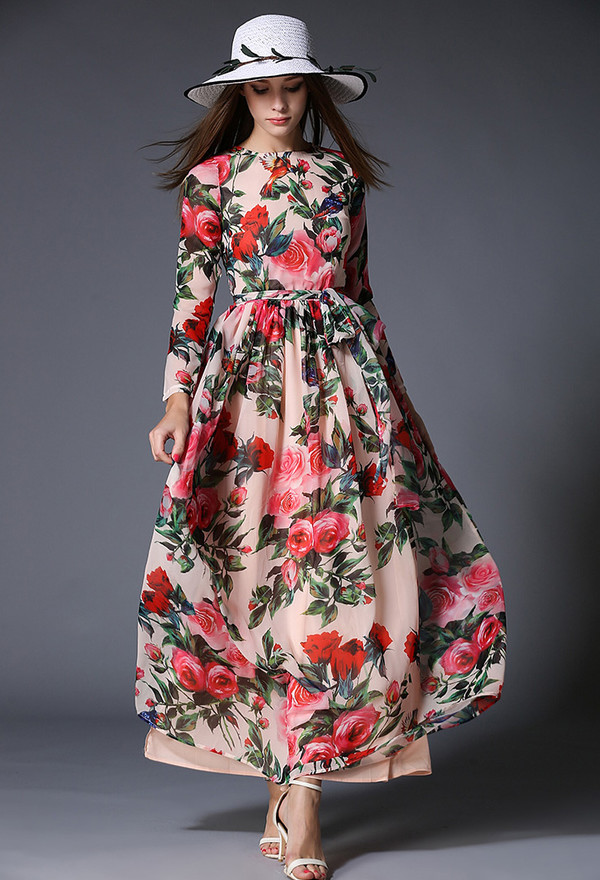 Euro Fashion Chiffon Floral Printing Zipper O Neck Beautiful Long Dress ...