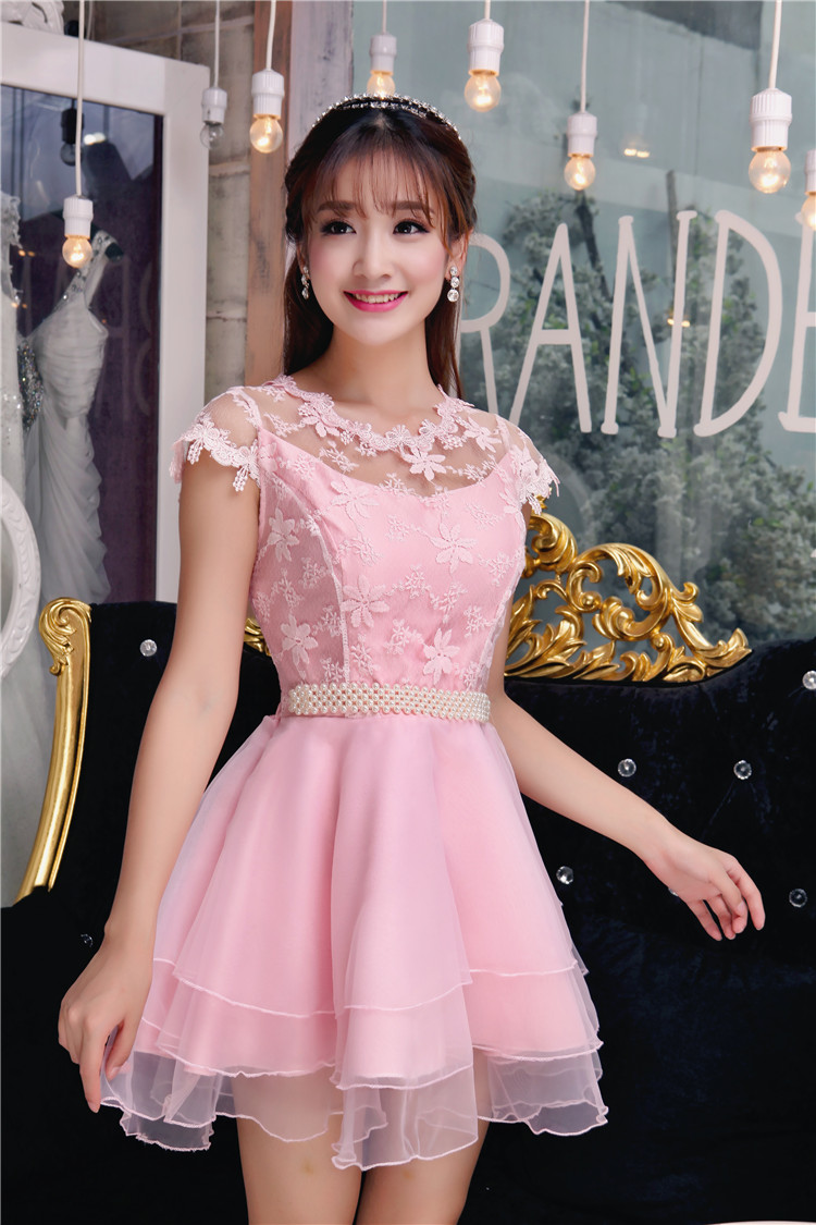 Korean Design Sweet Lace Patchwork Short Sleeve Sexy Short Party Dress