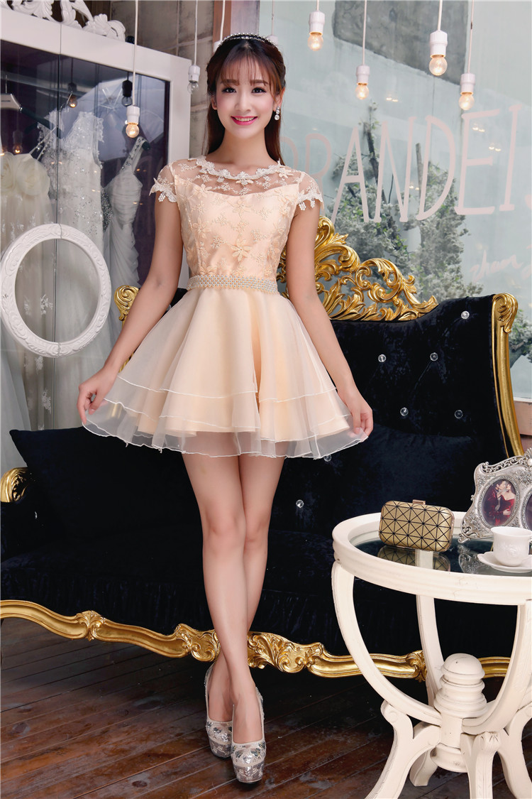 Korean Design Sweet Lace Patchwork Short Sleeve Sexy Short Party Dress