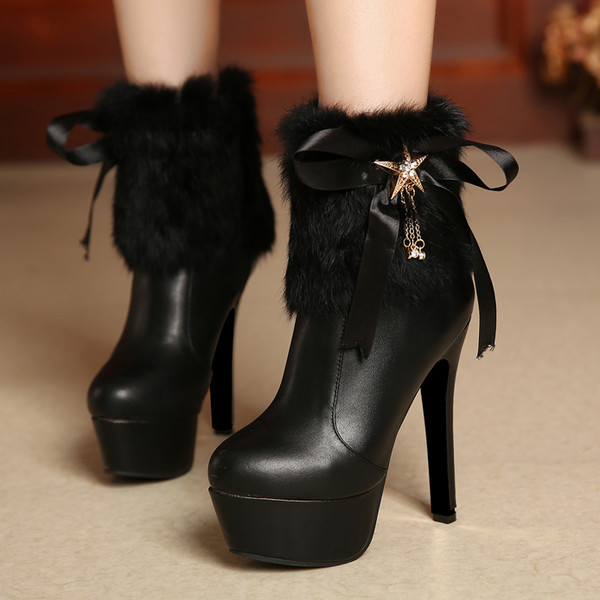 Wholesale Chic Solid Fur Decor Round Toe High Heel Boots YHK092258 ...