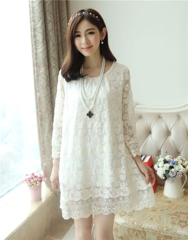 Korean Long Sleeve O Neck Pullover Floral White Lace Dress TZK101361WI