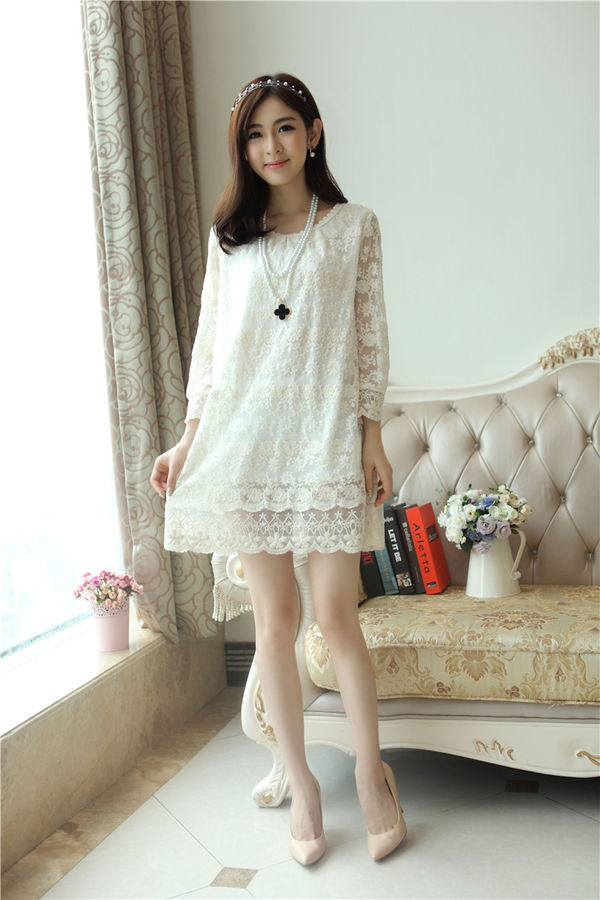 Korean Long Sleeve O Neck Pullover Floral White Lace Dress TZK101361WI