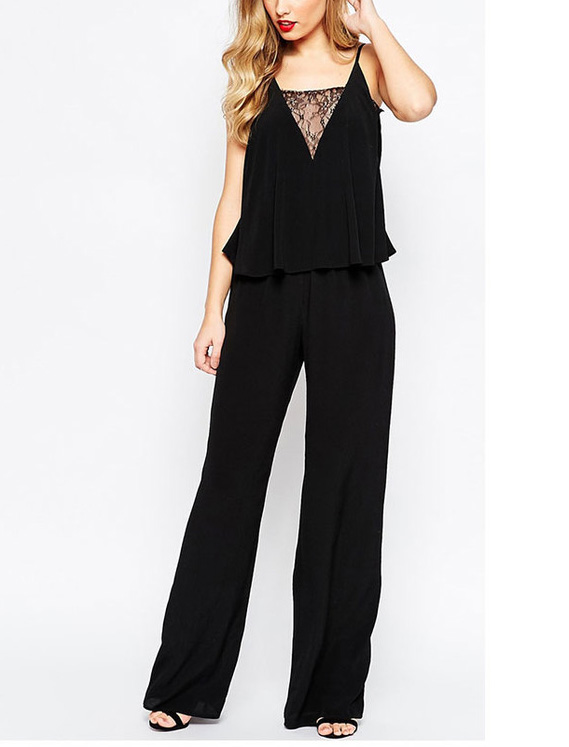 European Sexy Lace Mosaic Strap Pleated Solid Jumpsuit HYK041920BA
