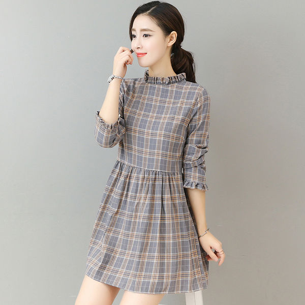 Korean Plaid Long Sleeve Stand Collar Zipper Short Dresses TZK110934