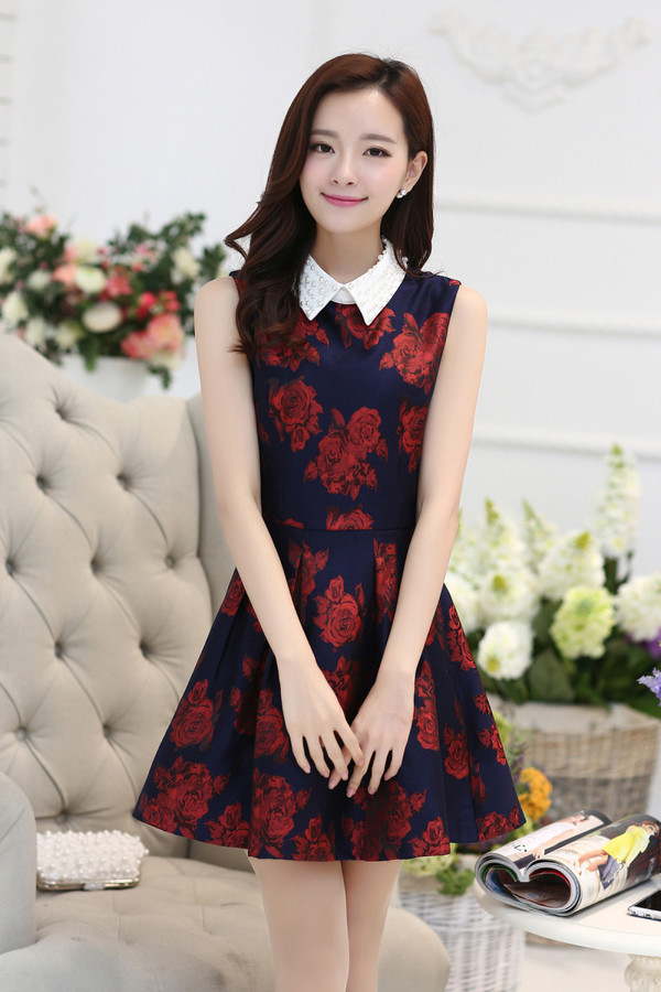 Wholesale Korean Print Floral Doll Collar Beautiful Dresses TFK120650 ...