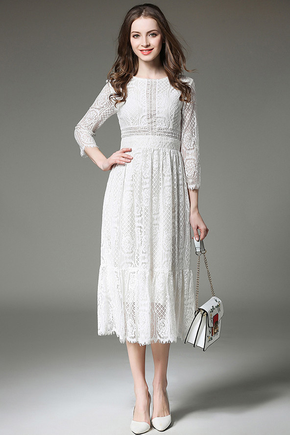 Wholesale White 3/4 Sleeve Lace Dress for Woman AFJ022857WI ...