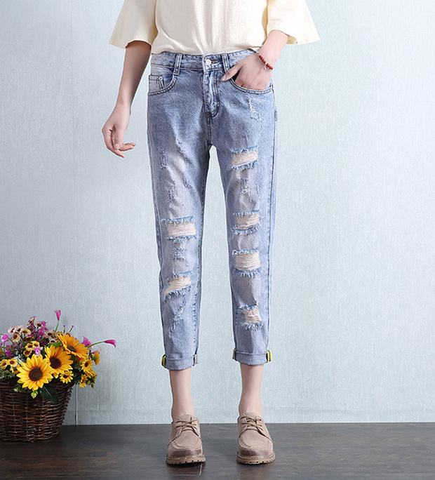 Wholesale Korean Casual Ripped Denim Skinny Jeans CMJ041042LB ...