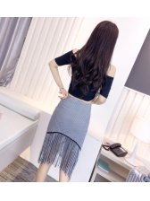 Cotton Top With Houndstooth Tassel Wrap Skirt Sets