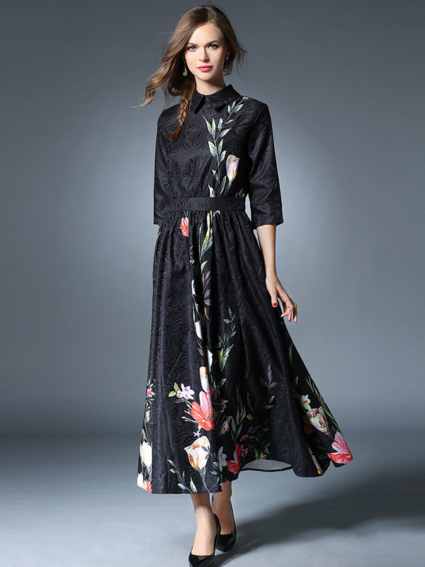 Wholesale British Style Floral Prints Black Maxi Dress AWJ060845 ...