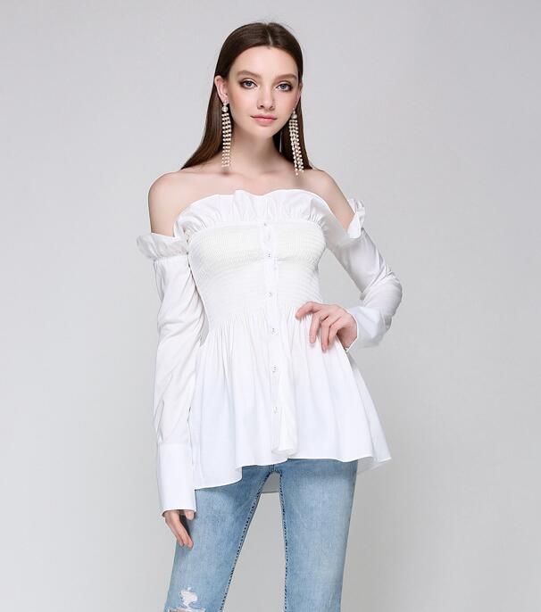 Wholesale Fresh Boat Neck Off Shoulder Solid Pleated Blouse YMJ090875 ...