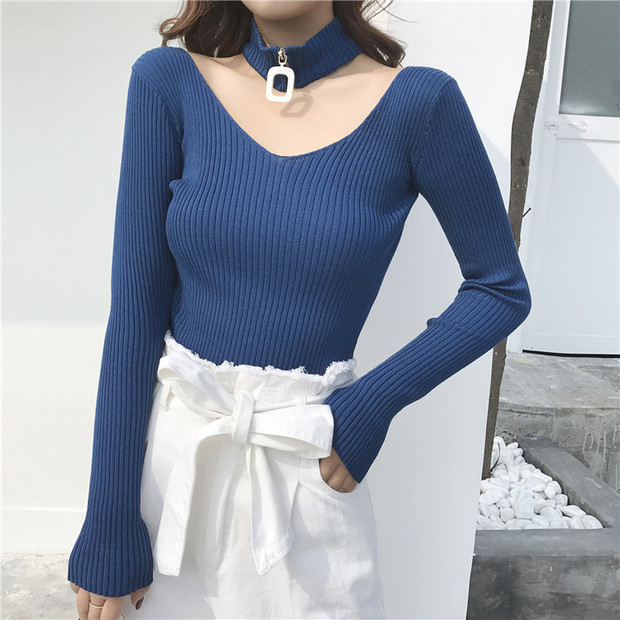 Wholesale Chic Slimming V Neck Ribbed Sweater With Choker SPJ091903 ...
