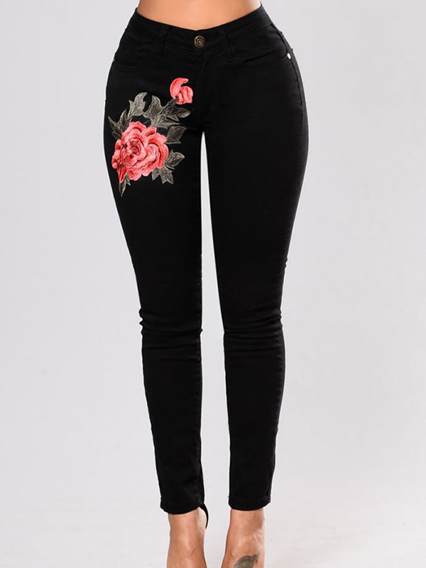 Wholesale Flower Embroidered Black Skinny Jeans SPJ092007BA | Wholesale7