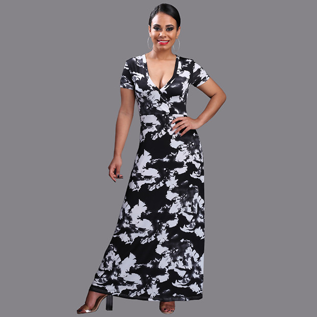 Wholesale V Neckline Prints Short Sleeve Long Dress AFJ093026BA ...