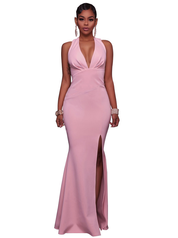 Wholesale Pink Low Cut High Slit Maxi Dress Women AFJ061569PN ...