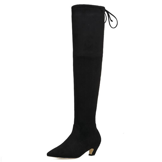 Wholesale Pointed Toe Black Kitten Heel Thigh High Boots SPJ101419BA ...
