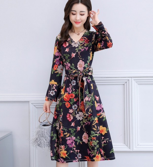 Wholesale Korean Floral Prints Flare Sleeve Midi Dress AZJ111758 ...