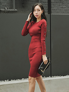 Charming Korean Style Black Pearls Stylish Knitted Dress