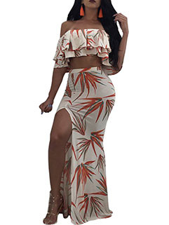 Flouncing Boat Neck High Slit Printing Sexy Suit