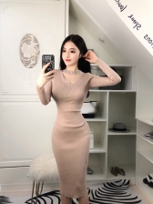 Chic Fitted V-Neck Beading Wrap Knitting Dress