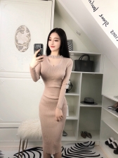 Chic Fitted V-Neck Beading Wrap Knitting Dress