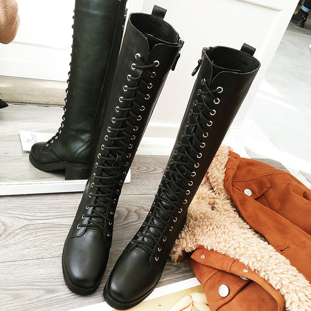 Wholesale Square Toe Lace Up Chunky Black Mid Calf Boots SPJ120176BA ...