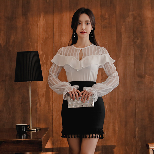 Wholesale Korean Stripe Blouse With High Waist Wrap Skirt OFJ121269 ...