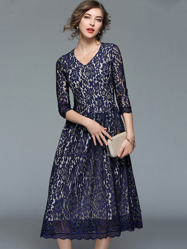 Wholesale Classical Lace Smart Waist 3/4 Sleeve Midi Dress OFJ122733 ...