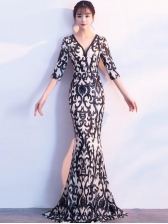 Elegant V Neck Sequined Fishtail Wrap Floor Evening Dress 