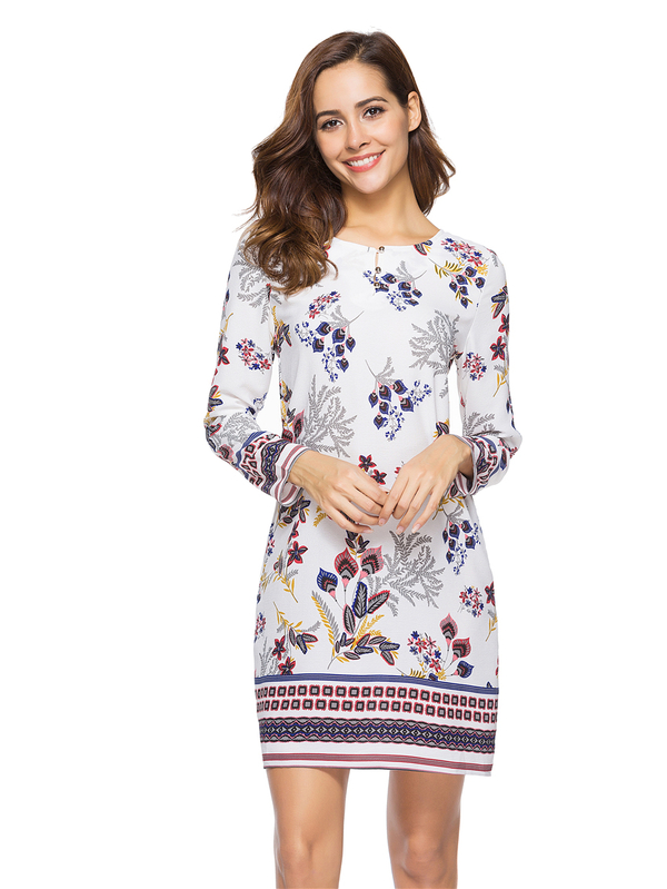 Wholesale Fashion Long Sleeve Floral White Dress OFG011816WI