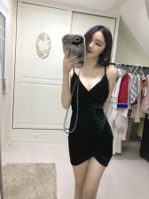 Sexy Strap V-Neck Velvet Fitted Night Club Dress