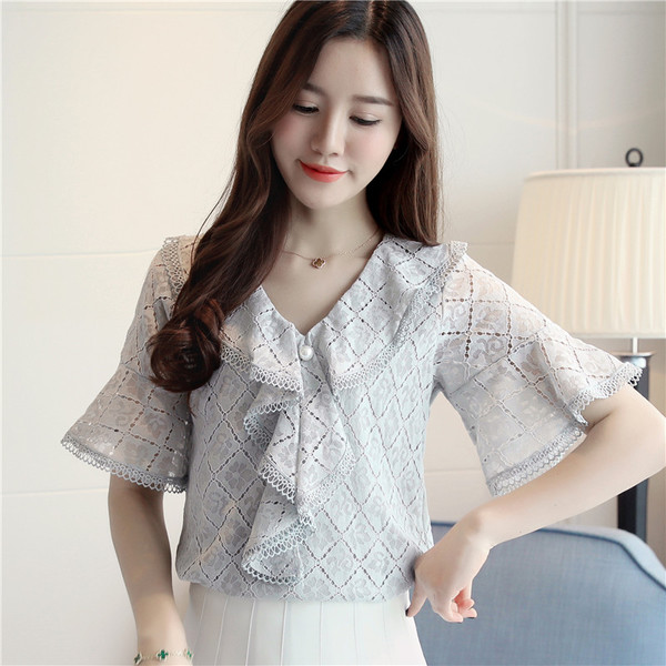 Wholesale Korean Summer V-Neck Lace Patchwork Blouse MMG040311 ...