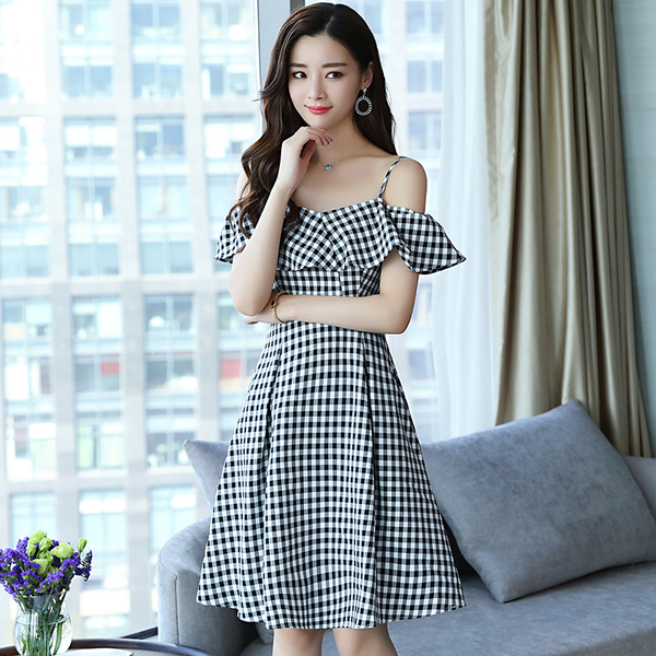 Wholesale Korean Fashion Plaid Straps Off The Shoulder Dresses ...