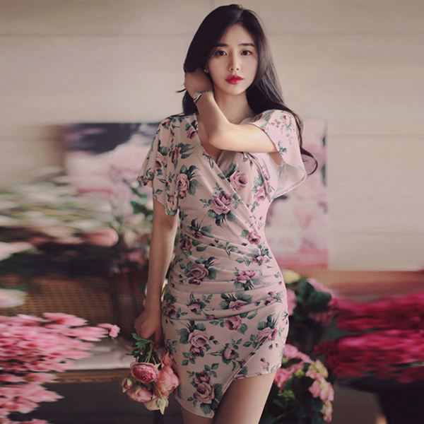 Wholesale Korean Floral V Neck Pleated Short Sleeve Dresses EFG051012PN ...