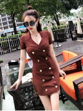 Korean Double-Breasted Bodycon Short Sleeve Dresses