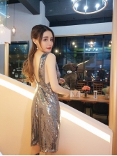 Sequined Fitted Backless Slit Sleeveless Dresses