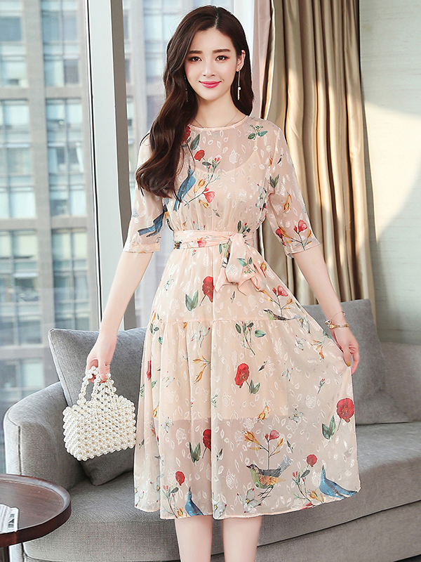 Wholesale Korean Gentle Style Floral Tie-wrap Chiffon Dress LFG070420AR ...