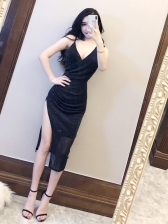 Sexy Slit Plunging V-neck Black Dresses