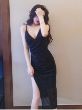 Sexy Slit Plunging V-neck Black Dresses