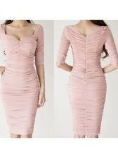 Sexy Low-cut Pleated Bodycon Pink Dress