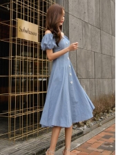 Solid Boat Neck Puff Sleeves Dress