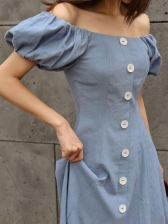 Solid Boat Neck Puff Sleeves Dress